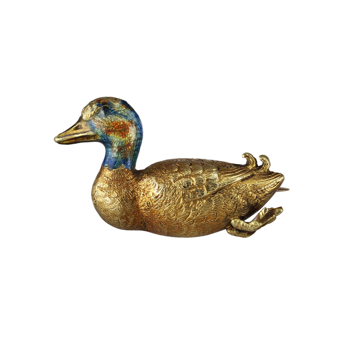 Victorian 18KT Yellow Gold Enamel Duck Brooch front