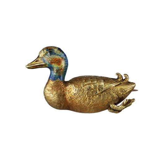 Victorian 18KT Yellow Gold Enamel Duck Brooch front