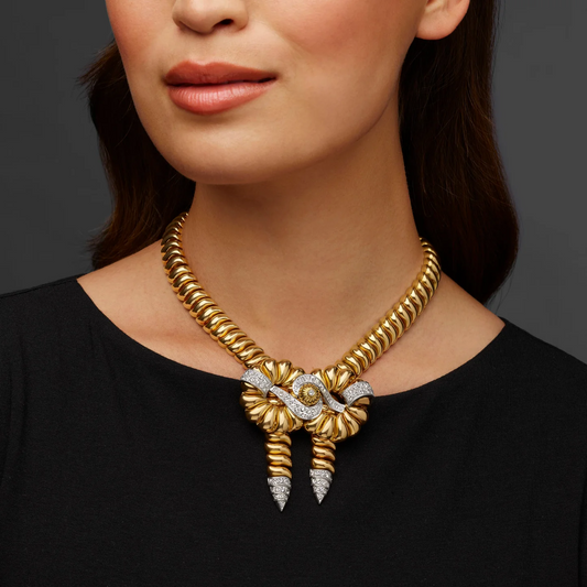 Boucheron Paris Retro Platinum & 18KT Yellow Gold Diamond Necklace on neck