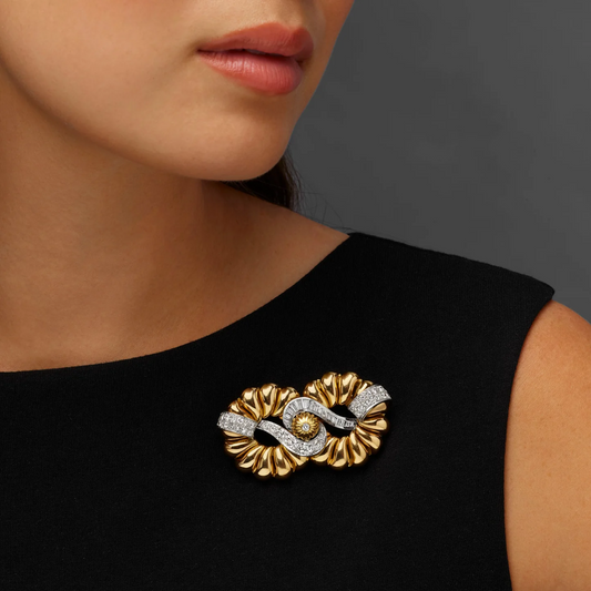 Boucheron Paris Retro Platinum & 18KT Yellow Gold Diamond Necklace on blouse