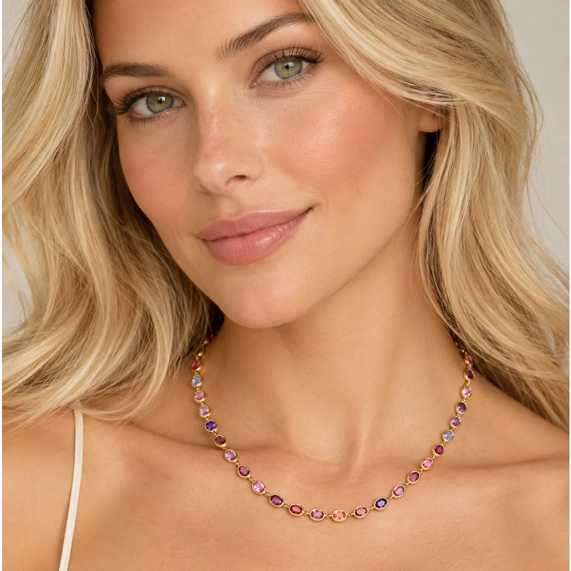 Post-1980s 18KT Yellow Gold Multi-Color Sapphire Necklace on neck