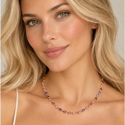 Post-1980s 18KT Yellow Gold Multi-Color Sapphire Necklace on neck