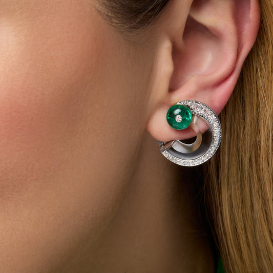 Rene Boivin 1930s Platinum & 18KT White Gold Emerald, Diamond & Rock Crystal Earrings on ear