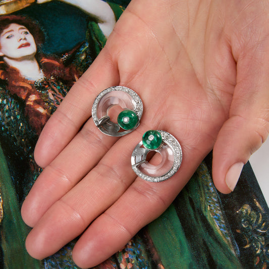 Rene Boivin 1930s Platinum & 18KT White Gold Emerald, Diamond & Rock Crystal Earrings front