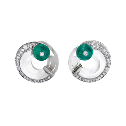Rene Boivin 1930s Platinum & 18KT White Gold Emerald, Diamond & Rock Crystal Earrings front