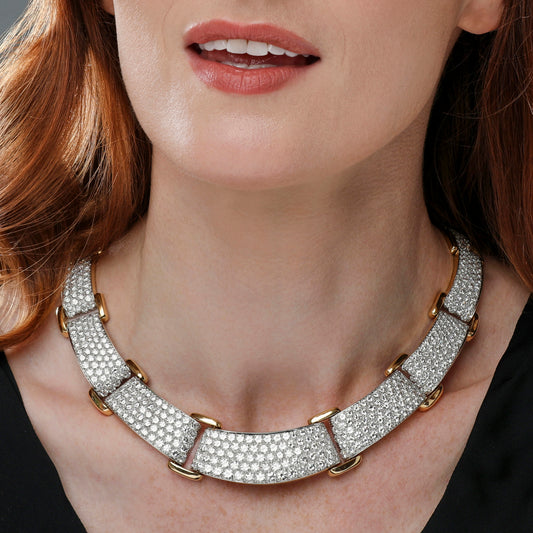 David Webb Post-1980s Platinum & 18KT Yellow Gold Diamond Necklace on neck