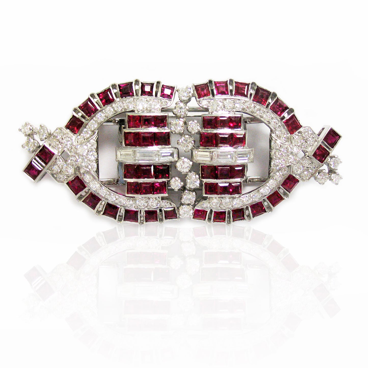 1930s Platinum Ruby & Diamond Double Clip Brooch front view
