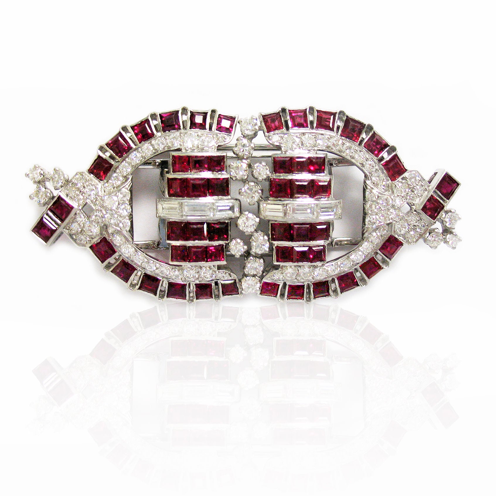 1930s Platinum Ruby & Diamond Double Clip Brooch front view
