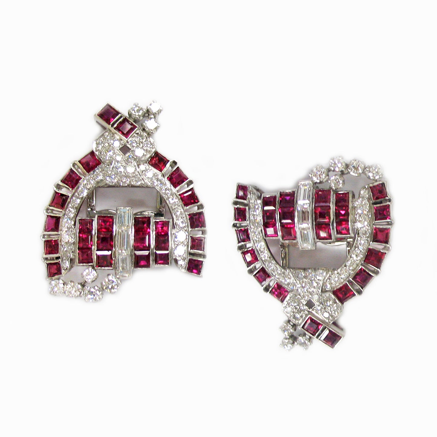 1930s Platinum Ruby & Diamond Double Clip Brooch as two clips front view