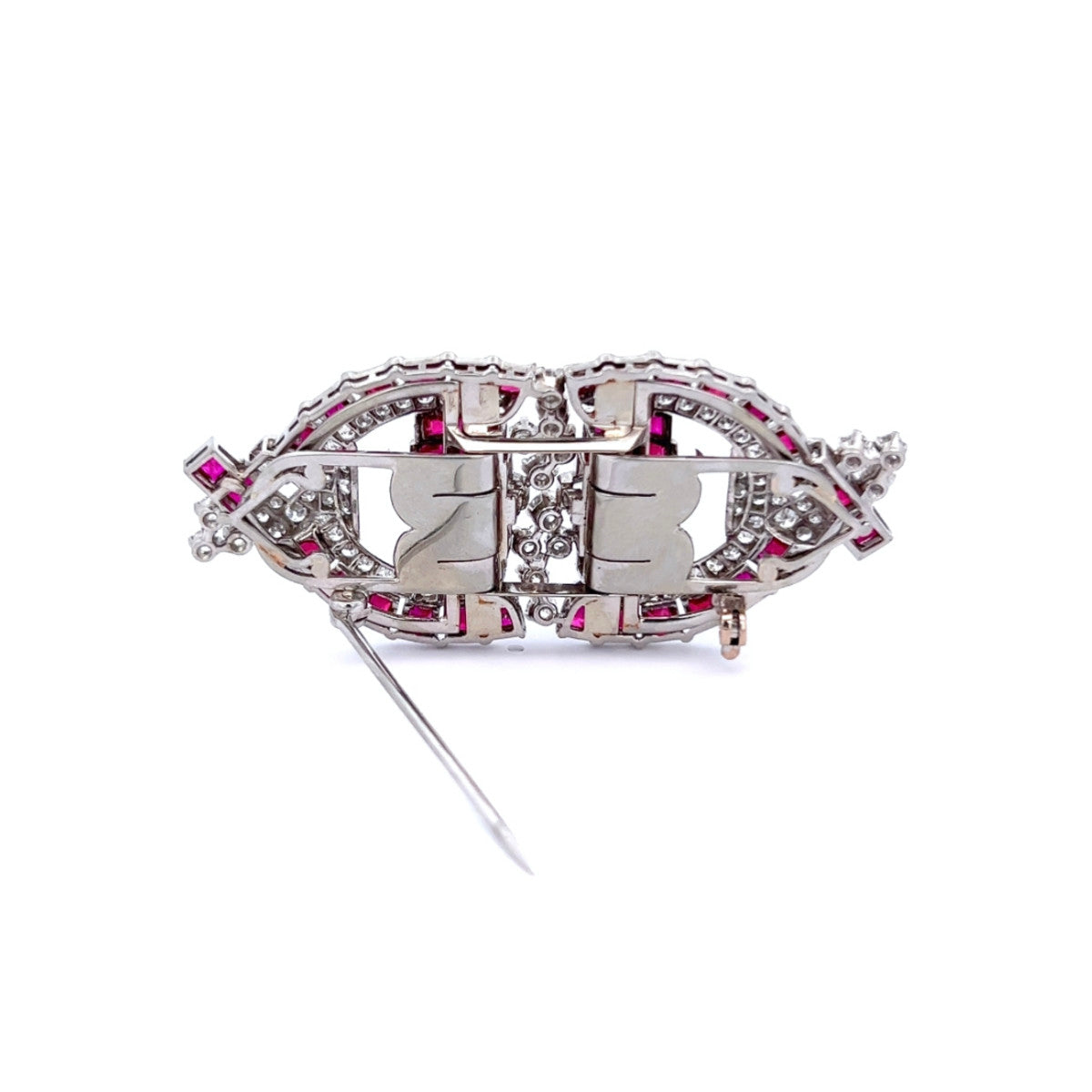 1930s Platinum Ruby & Diamond Double Clip Brooch back view