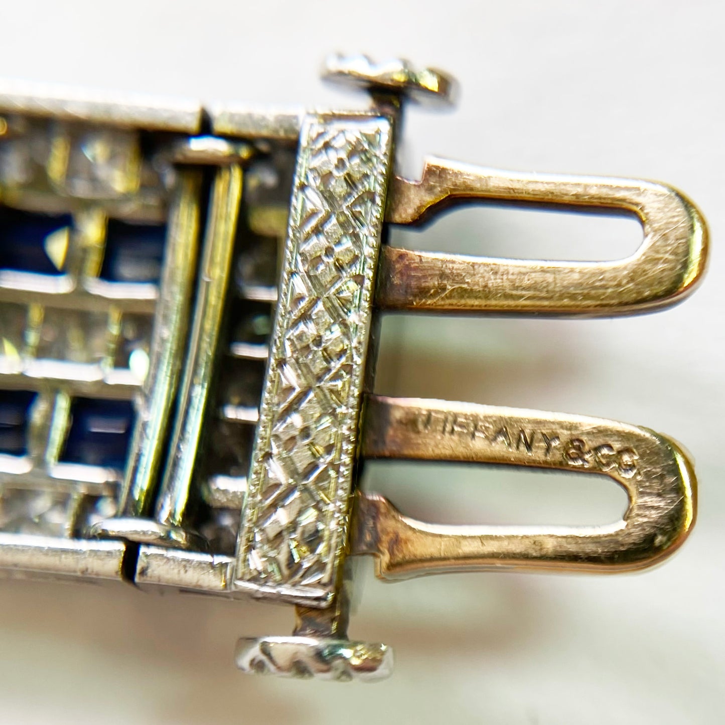 Tiffany & Co. Art Deco Platinum Sapphire & Diamond Bracelet close-up view of clasp and signature