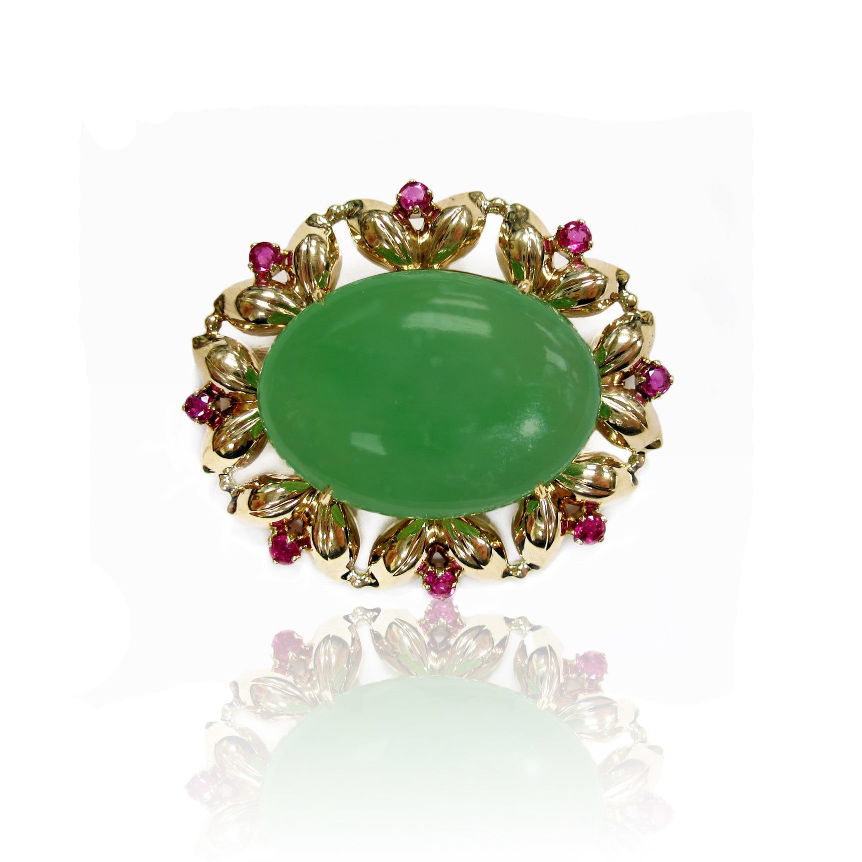 Tiffany & Co. 1940s 14KT Yellow Gold Jade & Ruby Brooch front view