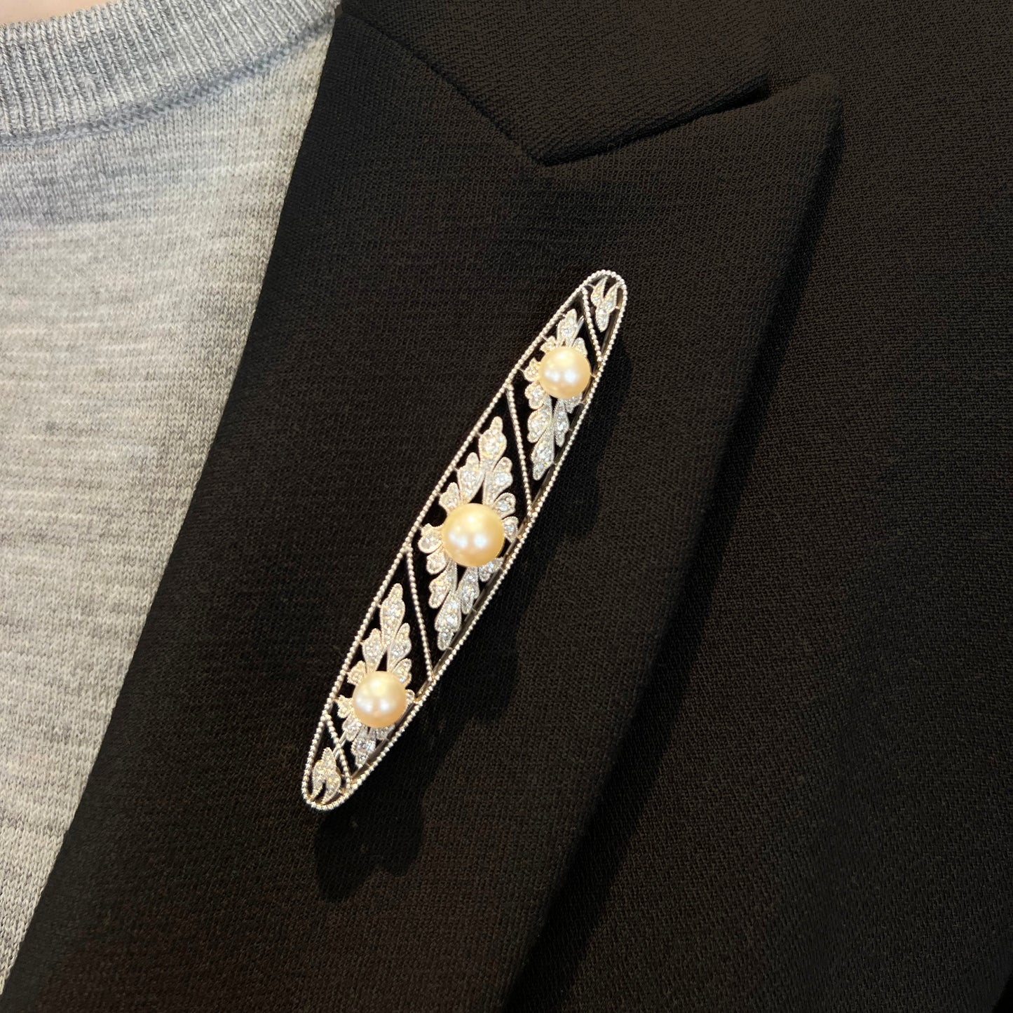 Edwardian Platinum Diamond & Pearl Brooch worn on black collar