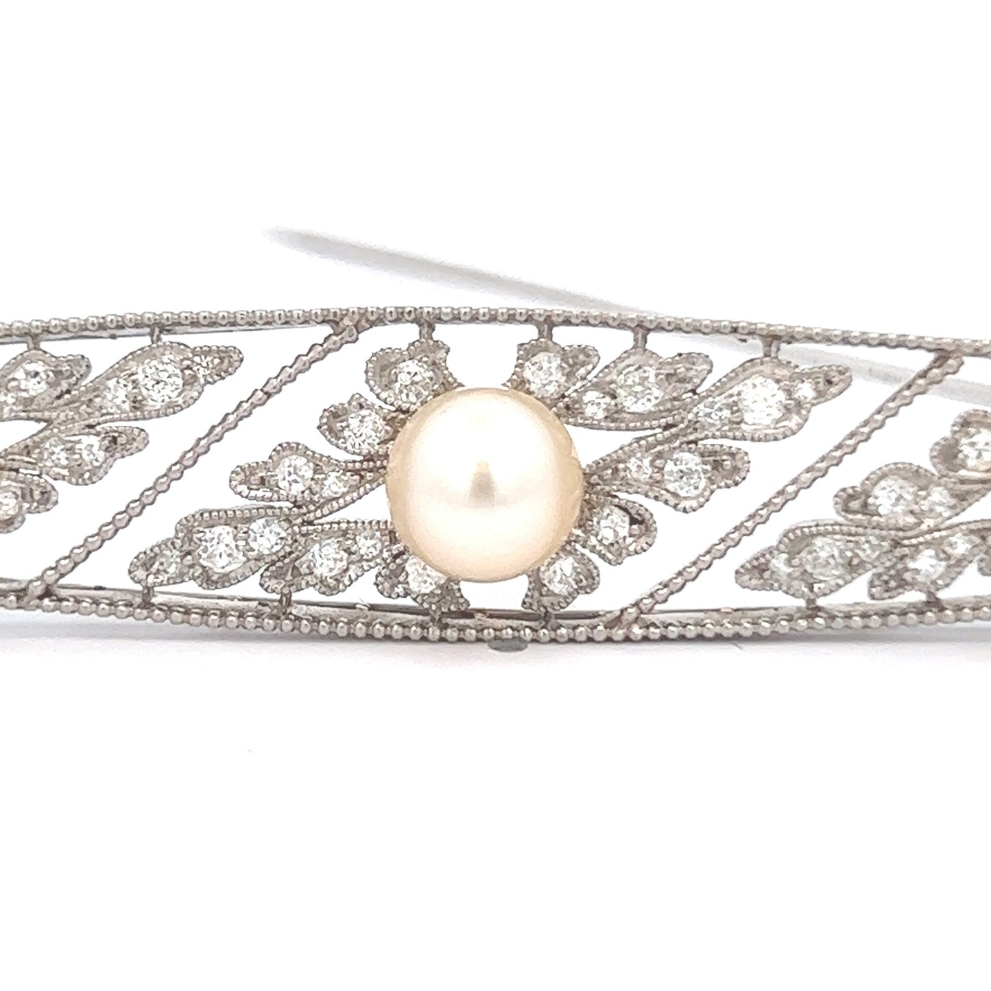 Edwardian Platinum Diamond & Pearl Brooch close-up details