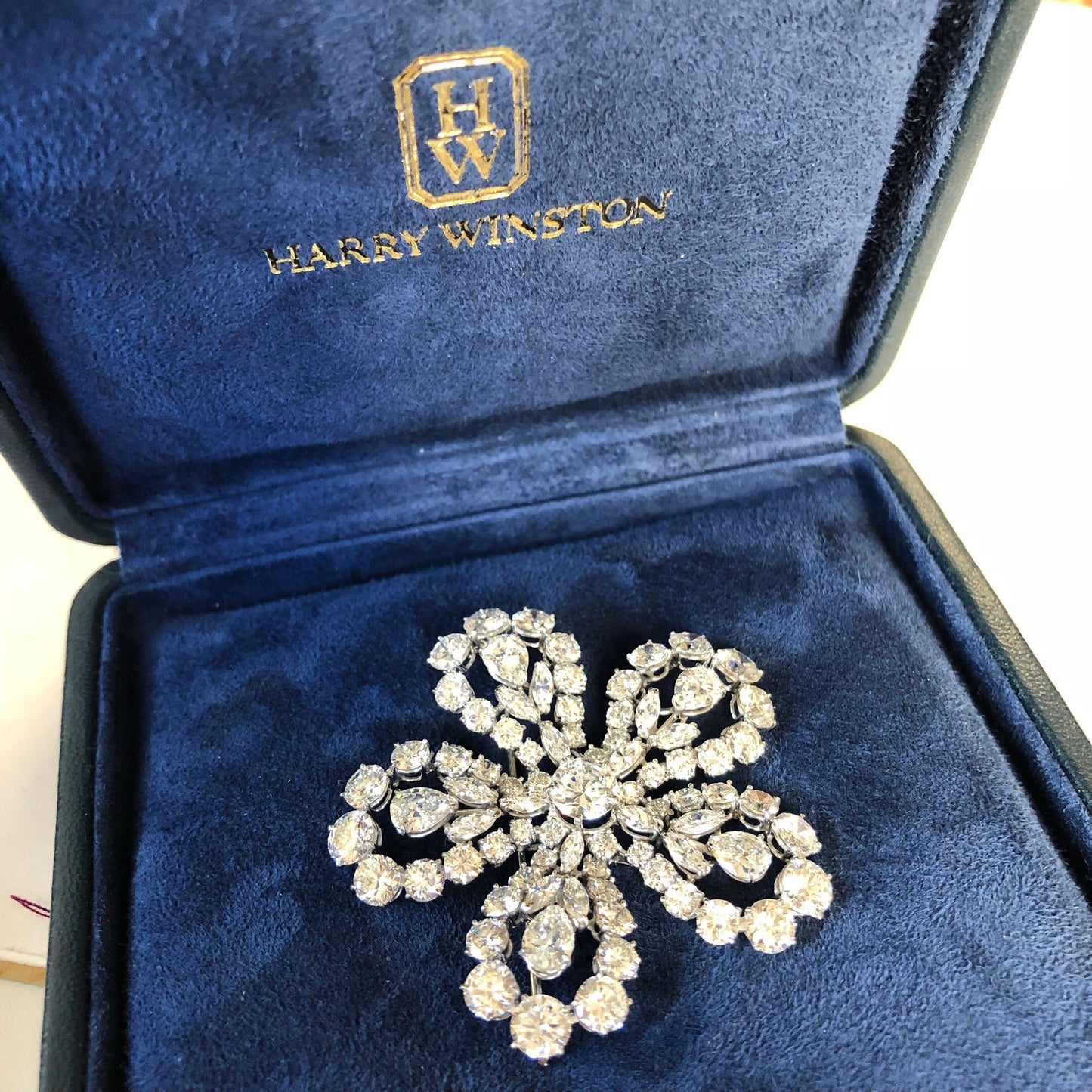 Harry Winston 1950s Platinum Diamond Brooch in jewelry box
