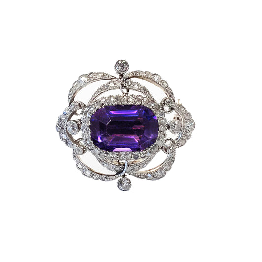 Edwardian Platinum & Gold Siberian Amethyst & Diamond Brooch front view