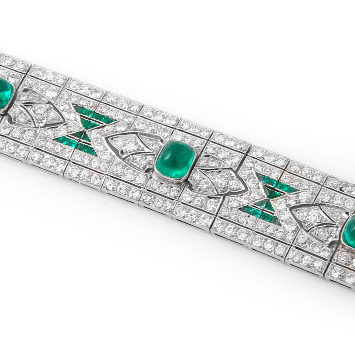 Art Deco Platinum Emerald & Diamond Bracelet close-up details front view