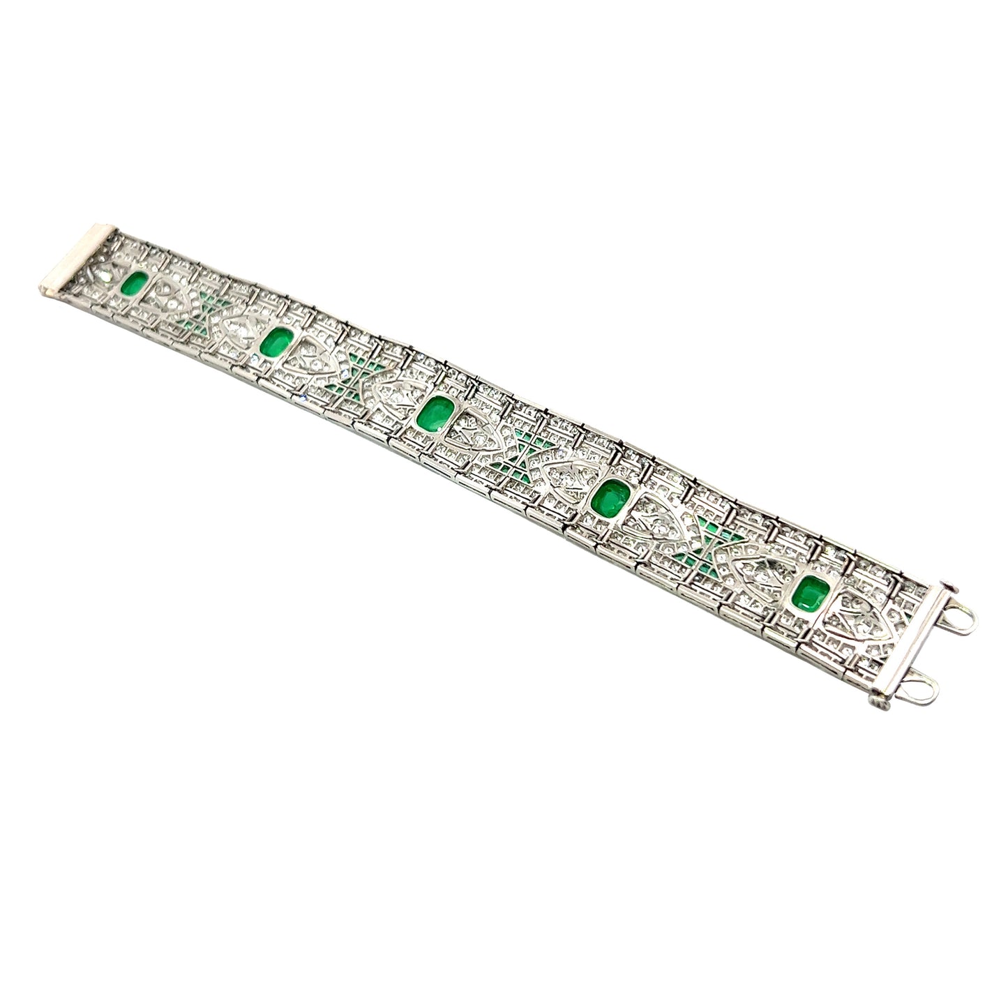 Art Deco Platinum Emerald & Diamond Bracelet laid out back view