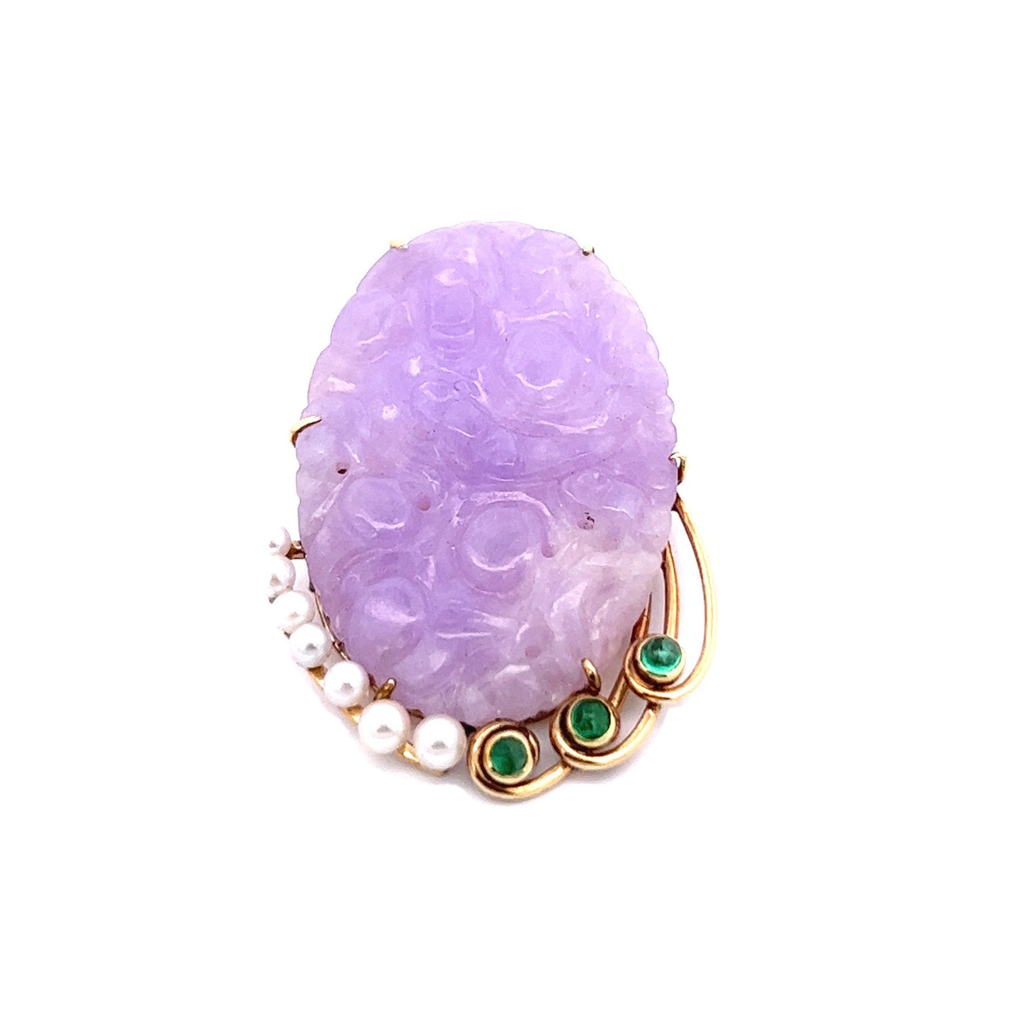 1960s 18KT Yellow Gold Lavender Jade & Emerald Brooch front view