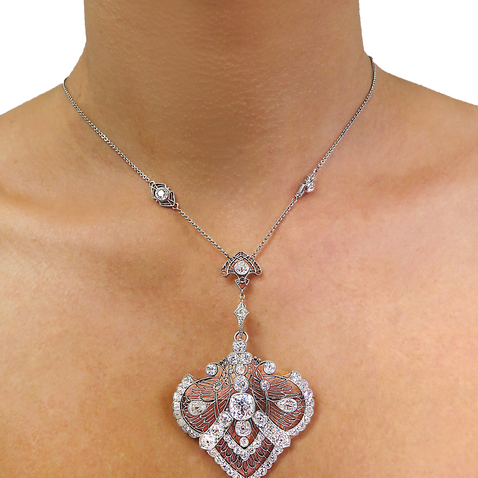 Edwardian Platinum & Yellow Gold Diamond Necklace worn on neck
