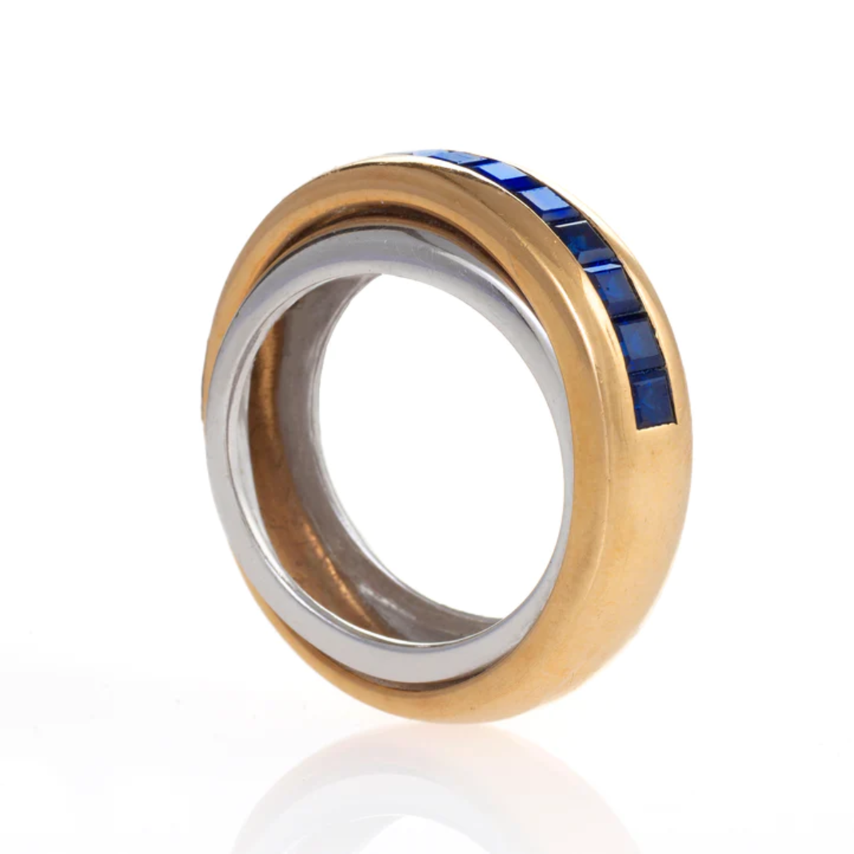 Cartier Post 1980s 18KT Yellow White Gold Sapphire Double Band Ring