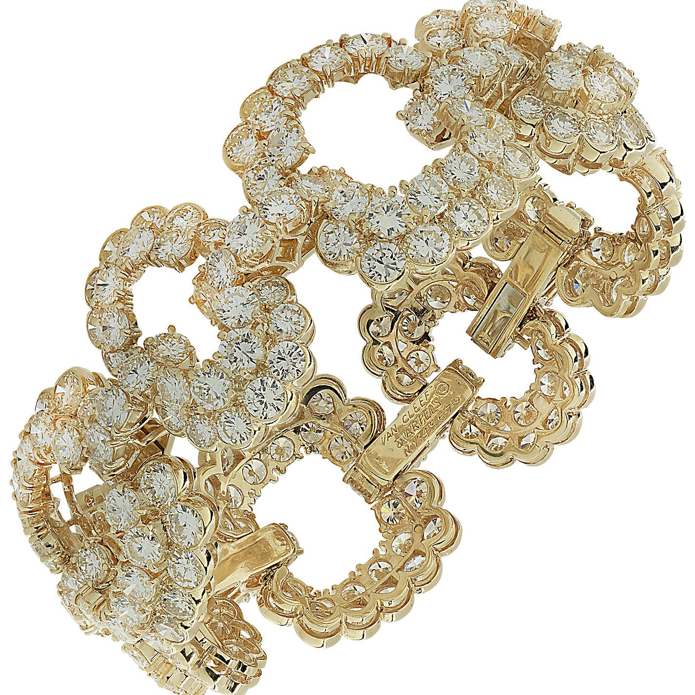 Van Cleef & Arpels 1970s 18KT Yellow Gold Diamond Bracelet angled top view showing signature
