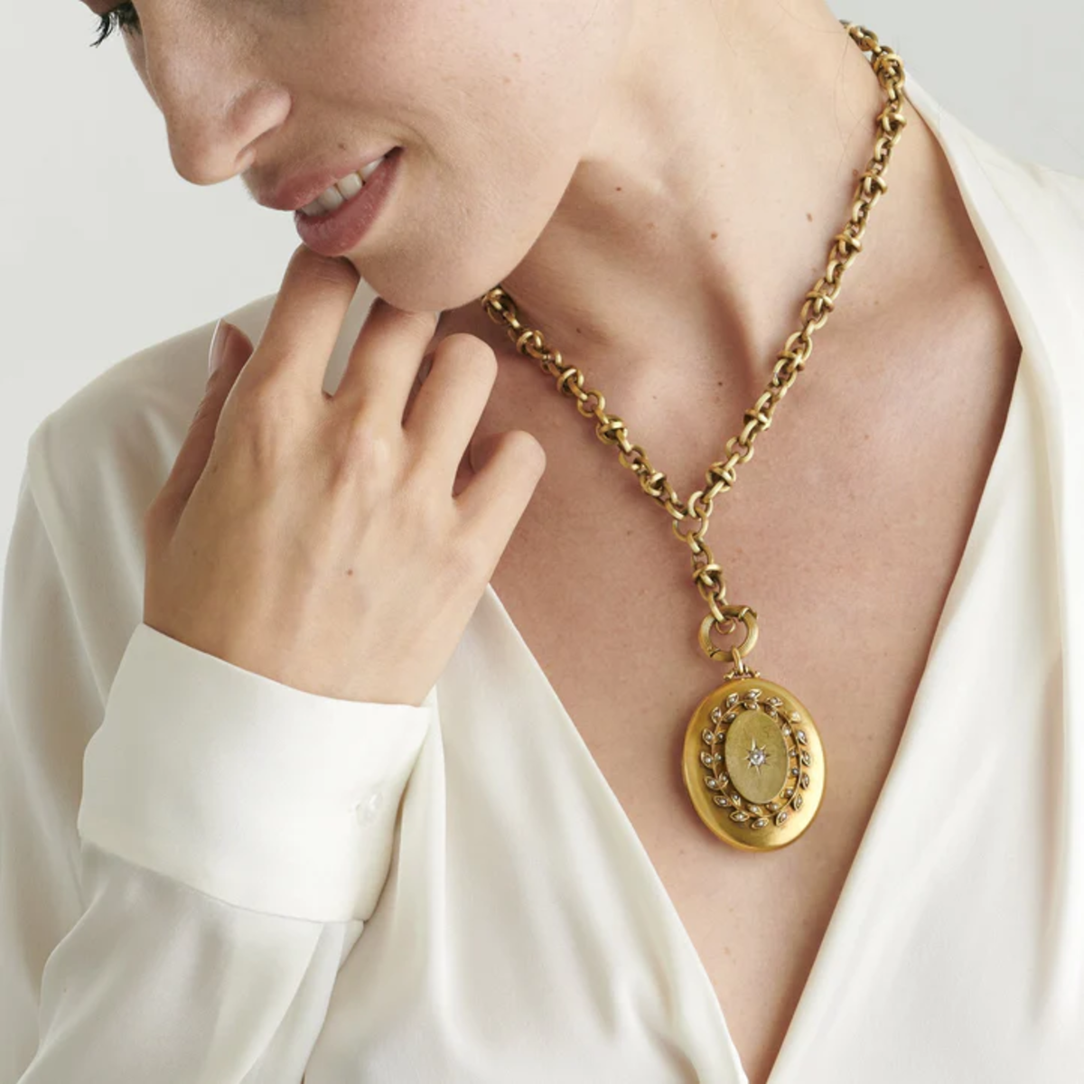 Victorian 18KT Yellow Gold Diamond & Seed Pearl Locket Necklace worn on neck