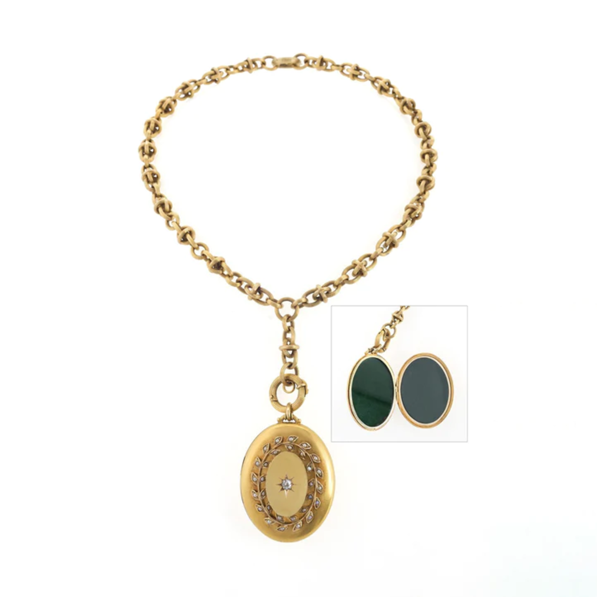 Victorian 18KT Yellow Gold Diamond & Seed Pearl Locket Necklace front view and view of open locket
