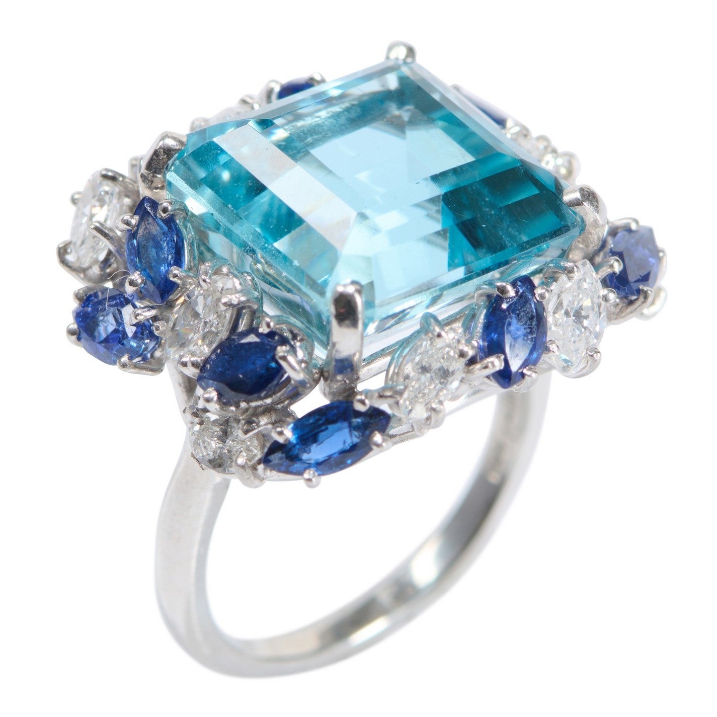 1950s Platinum Aquamarine, Diamond & Sapphire Ring angled top view