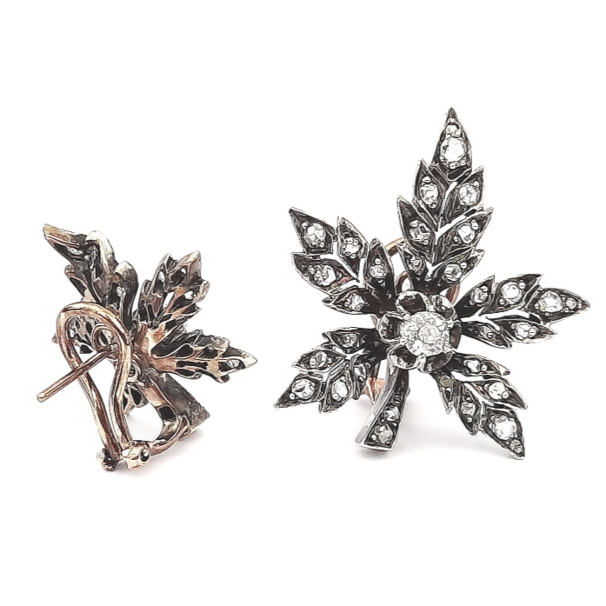 Antique Silver & Yellow Gold Diamond Floral Earrings back and front views