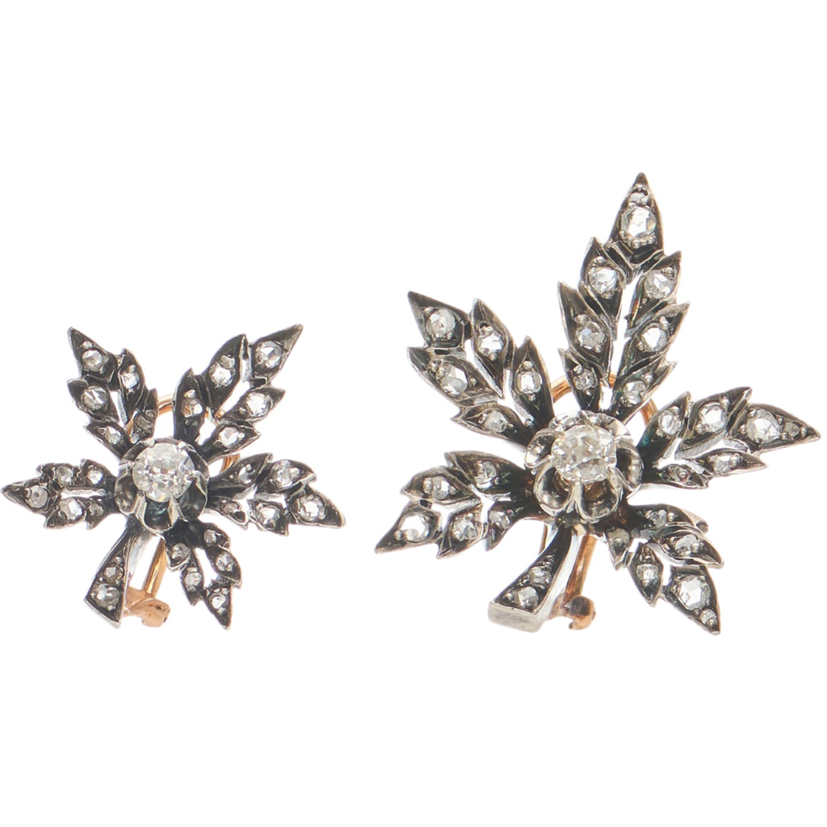 Antique Silver & Yellow Gold Diamond Floral Earrings front view