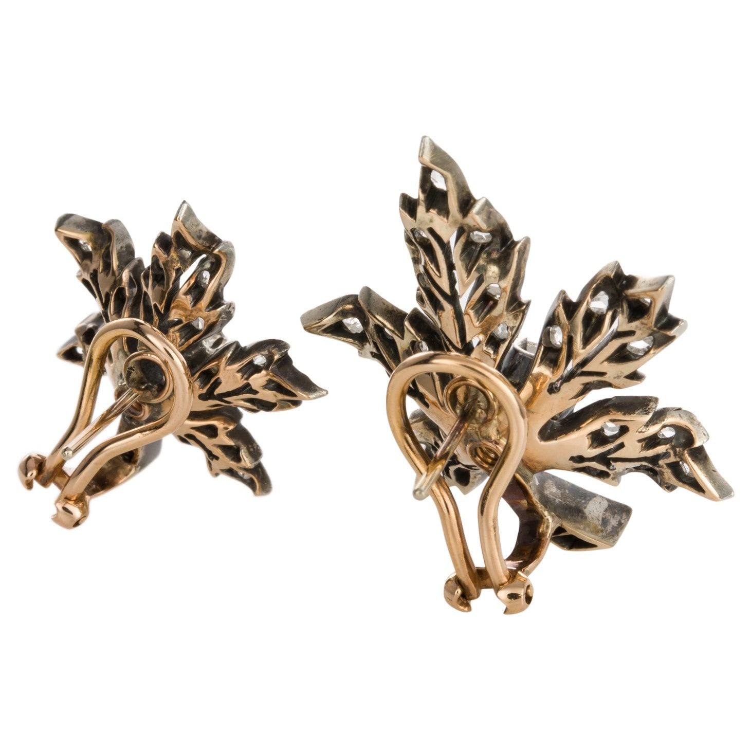 Antique Silver & Yellow Gold Diamond Floral Earrings back view