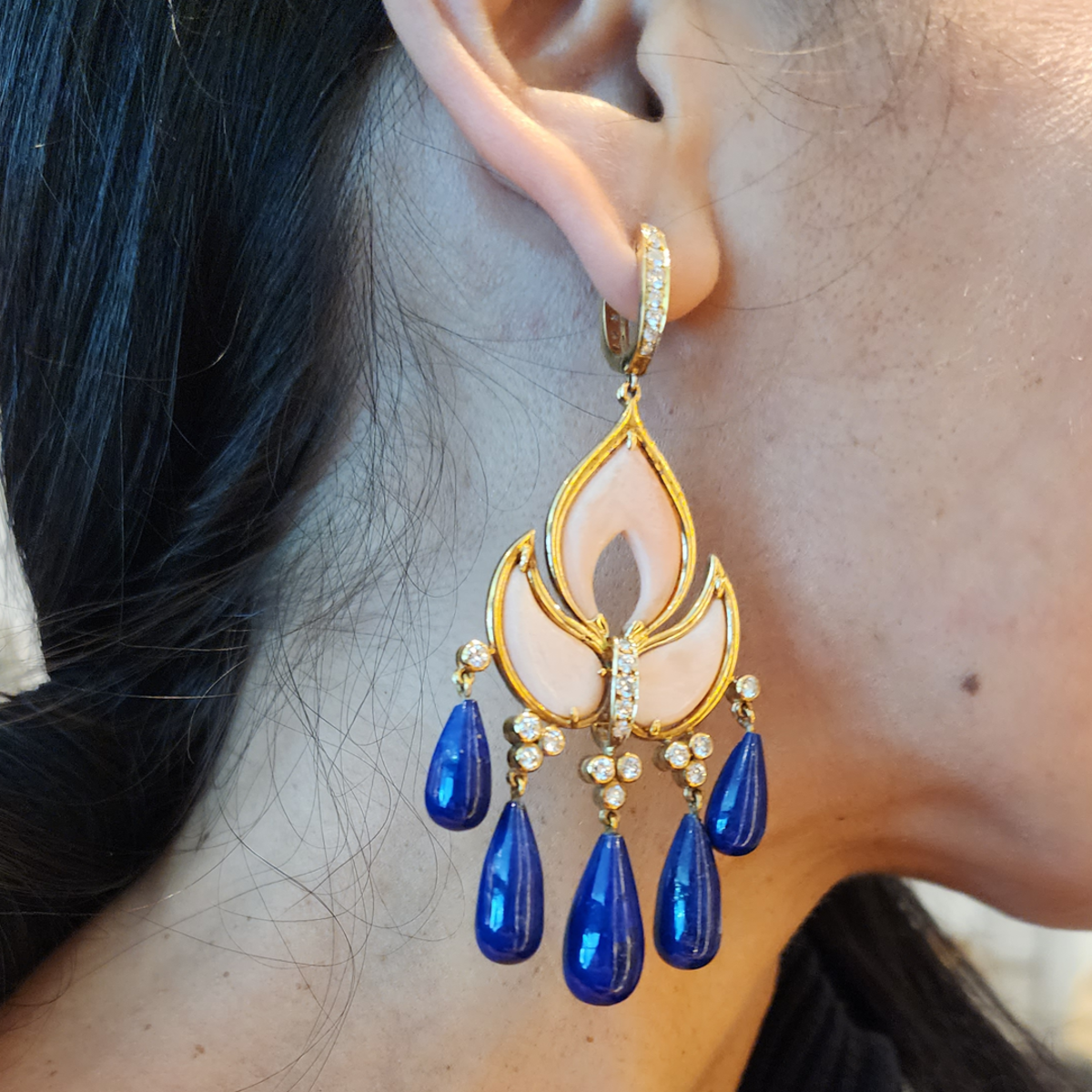 1970s 18KT Yellow Gold Diamond, Coral & Lapis Lazuli Floral Earrings worn on ear