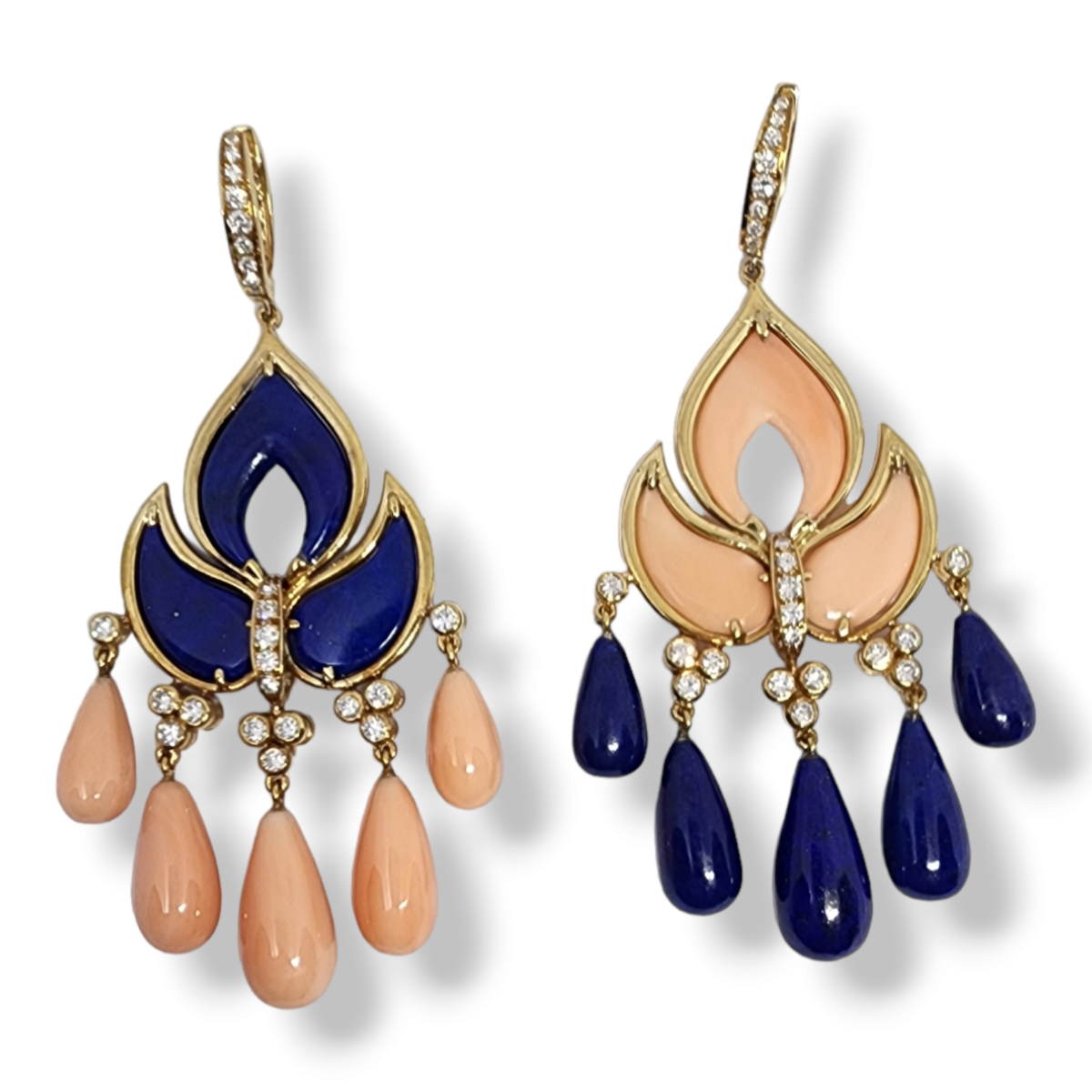 1970s 18KT Yellow Gold Diamond, Coral & Lapis Lazuli Floral Earrings back view