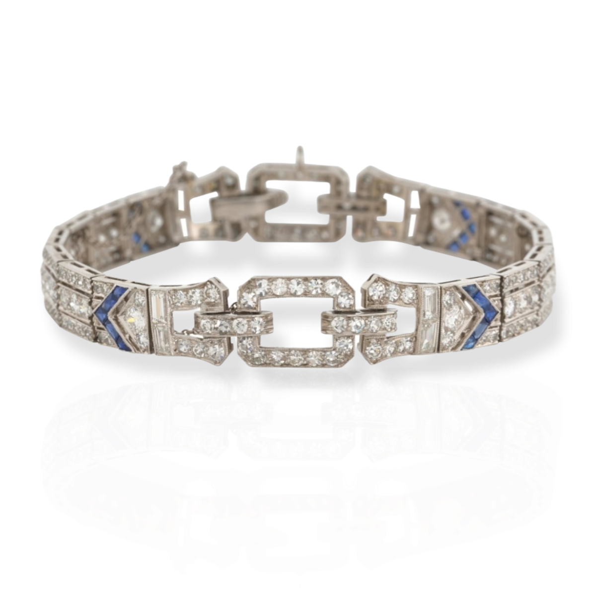Art Deco Platinum Diamond & Sapphire Bracelet front view