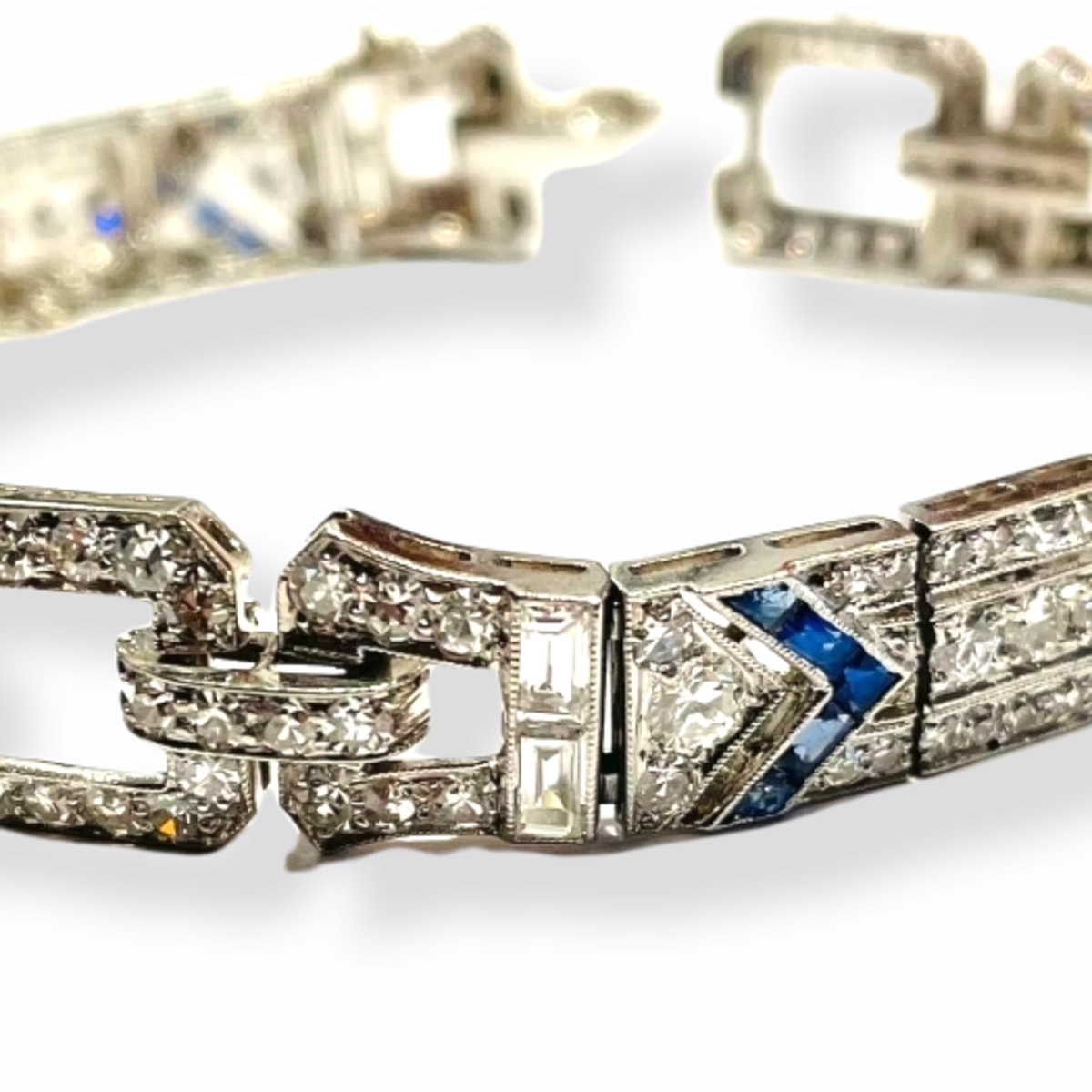 Art Deco Platinum Diamond & Sapphire Bracelet close-up details