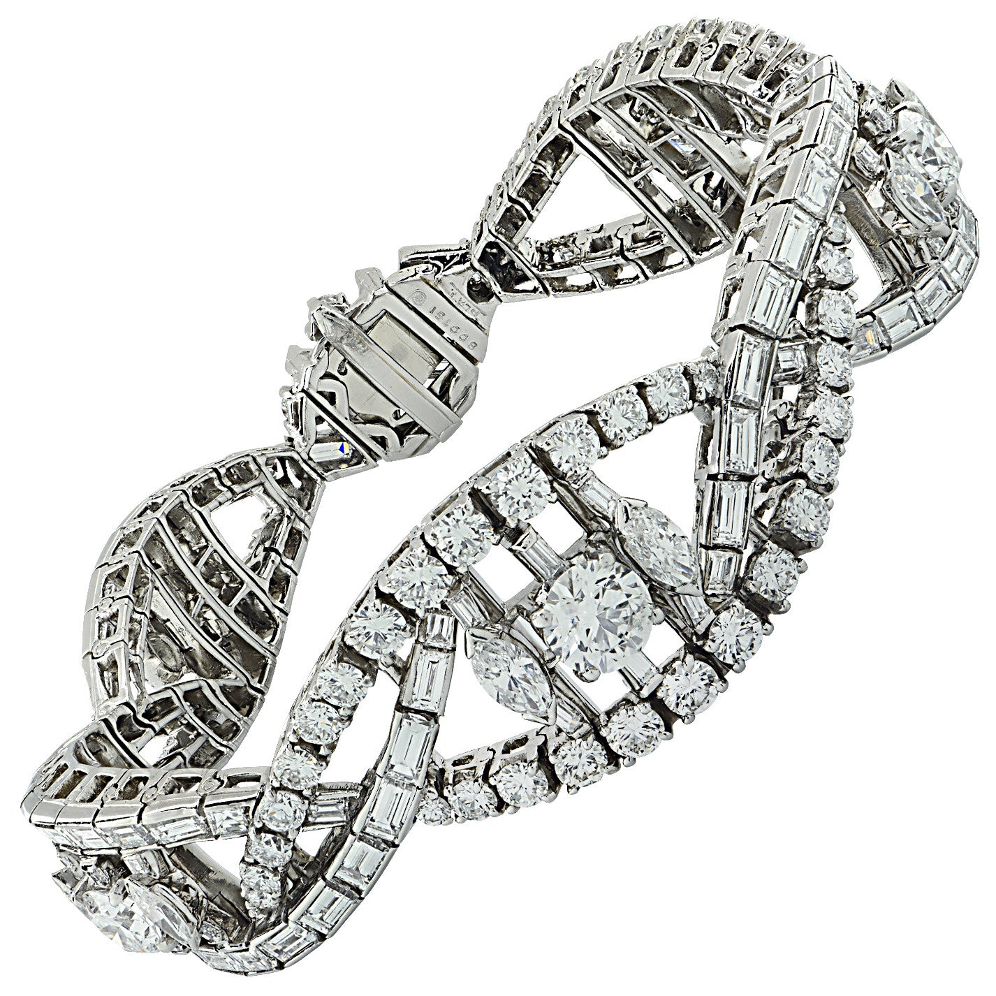 Oscar Heyman 1970s Platinum Diamond Bracelet angled front view showing clasp and signature