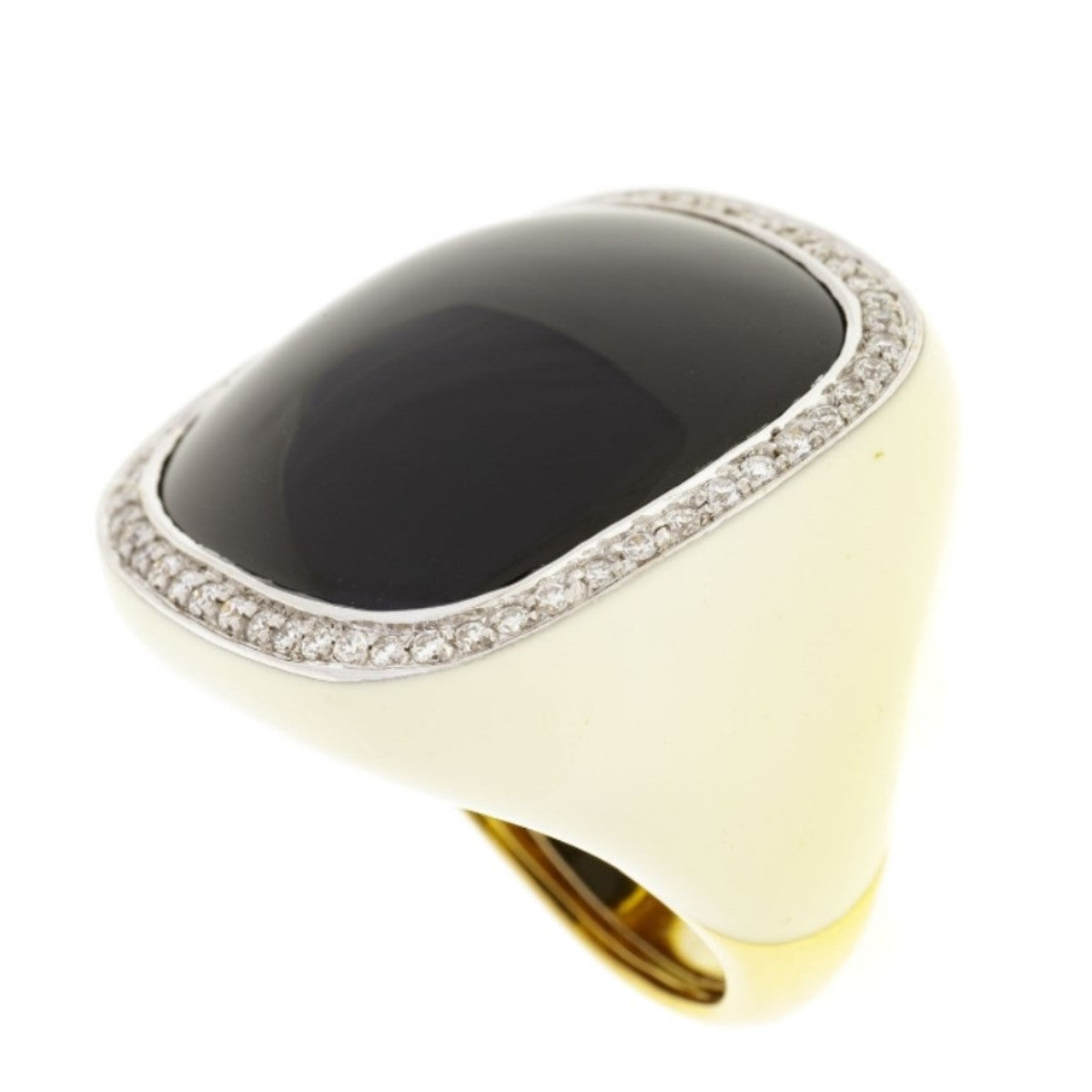 Post-1980s 18KT Yellow Gold Onyx, Diamond & Lacquer Ring angled side view