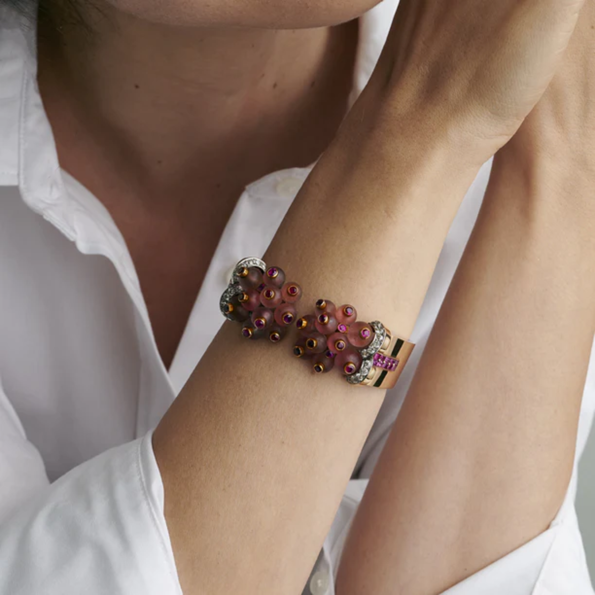 Verger Freres 1930s 18KT Rose Gold Ruby, Diamond & Rose Quartz Cuff Bracelet worn on wrist