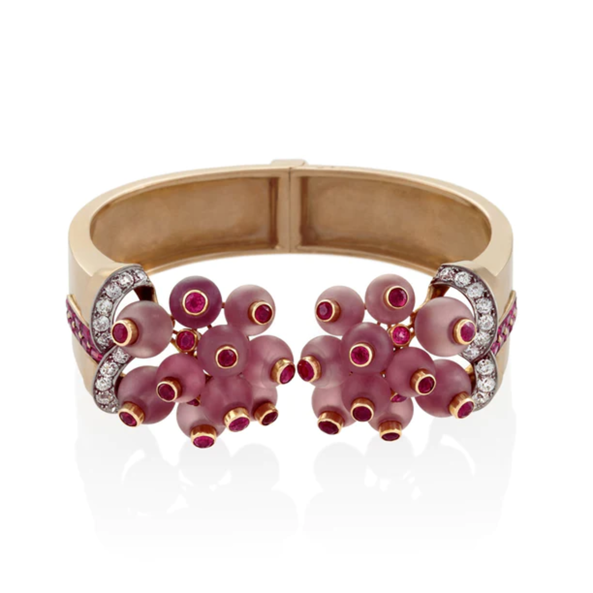 Verger Freres 1930s 18KT Rose Gold Ruby, Diamond & Rose Quartz Cuff Bracelet close-up front view