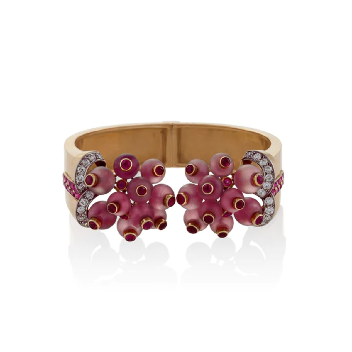 Verger Freres 1930s 18KT Rose Gold Ruby, Diamond & Rose Quartz Cuff Bracelet front view