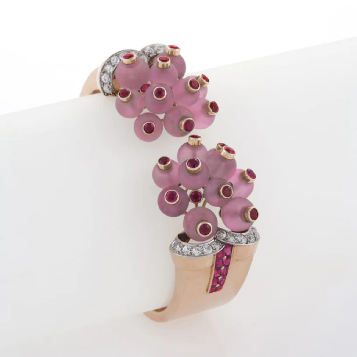 Verger Freres 1930s 18KT Rose Gold Ruby, Diamond & Rose Quartz Cuff Bracelet on wrist form