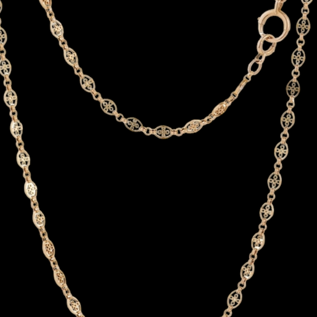 Antique 18KT Yellow Gold Long Chain Necklace close-up details on black background