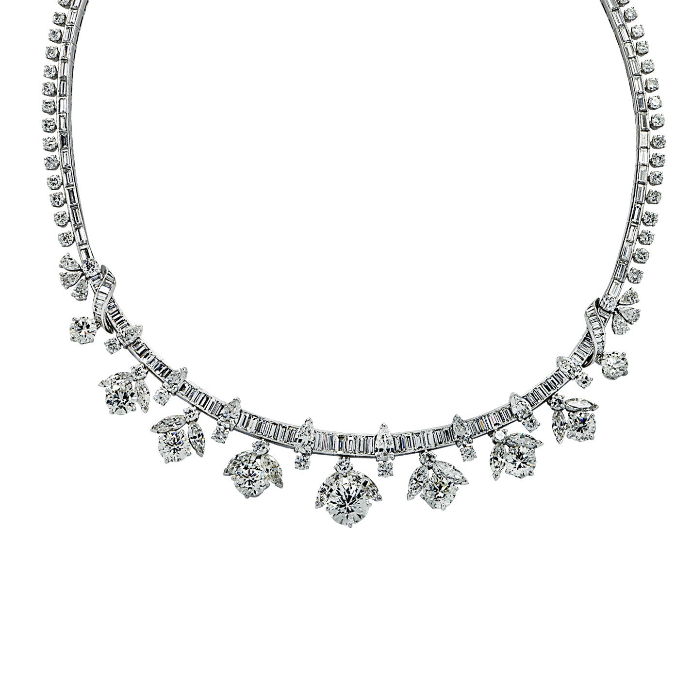 1960s Platinum Diamond Cluster Necklace front view