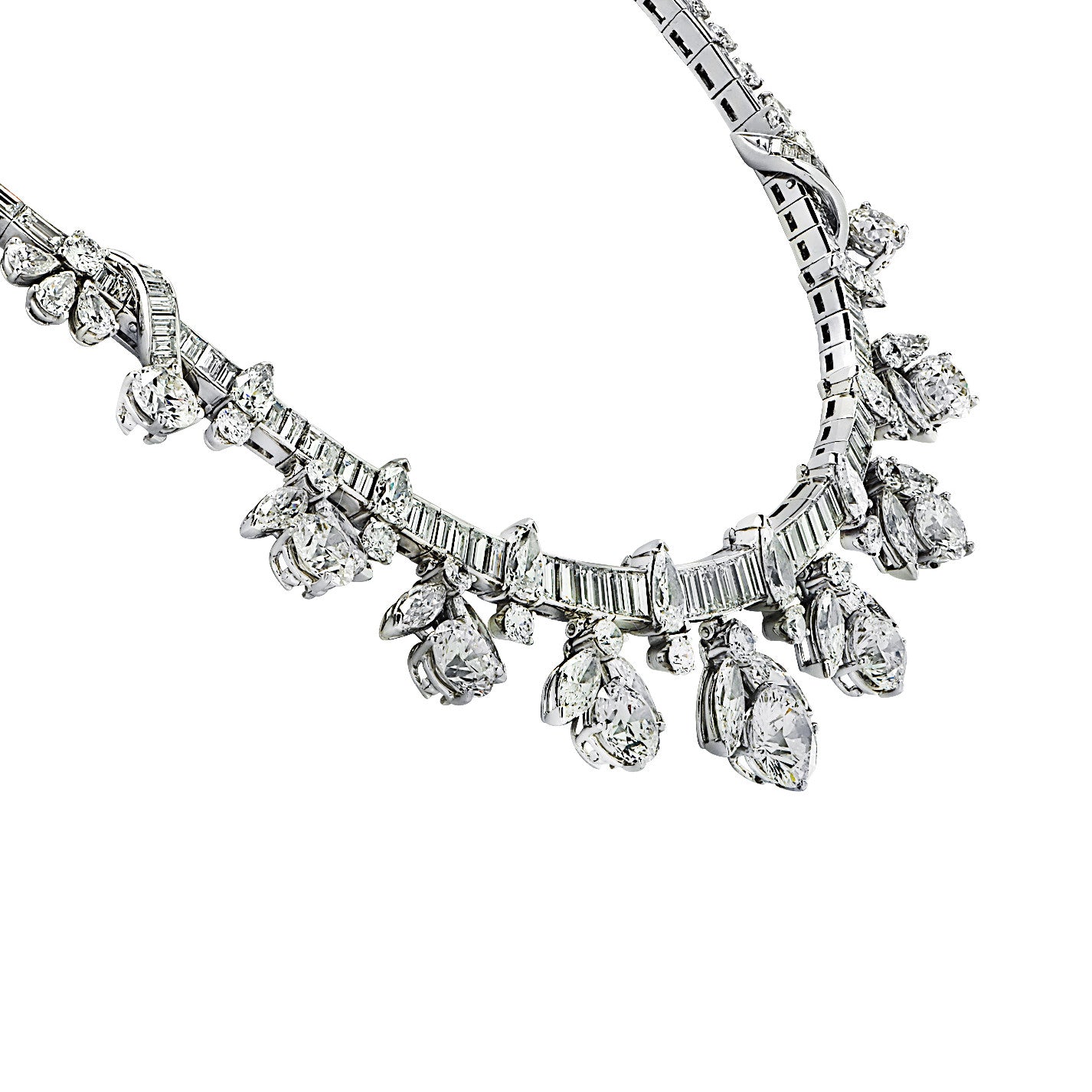 1960s Platinum Diamond Cluster Necklace close-up side view