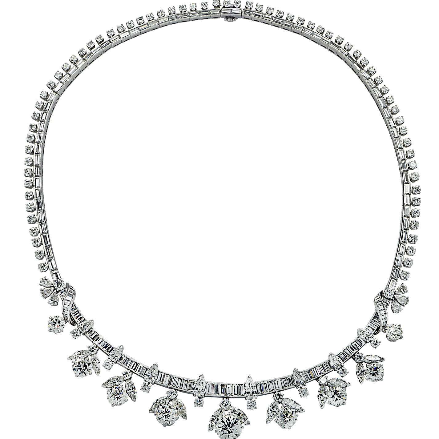 1960s Platinum Diamond Cluster Necklace full necklace