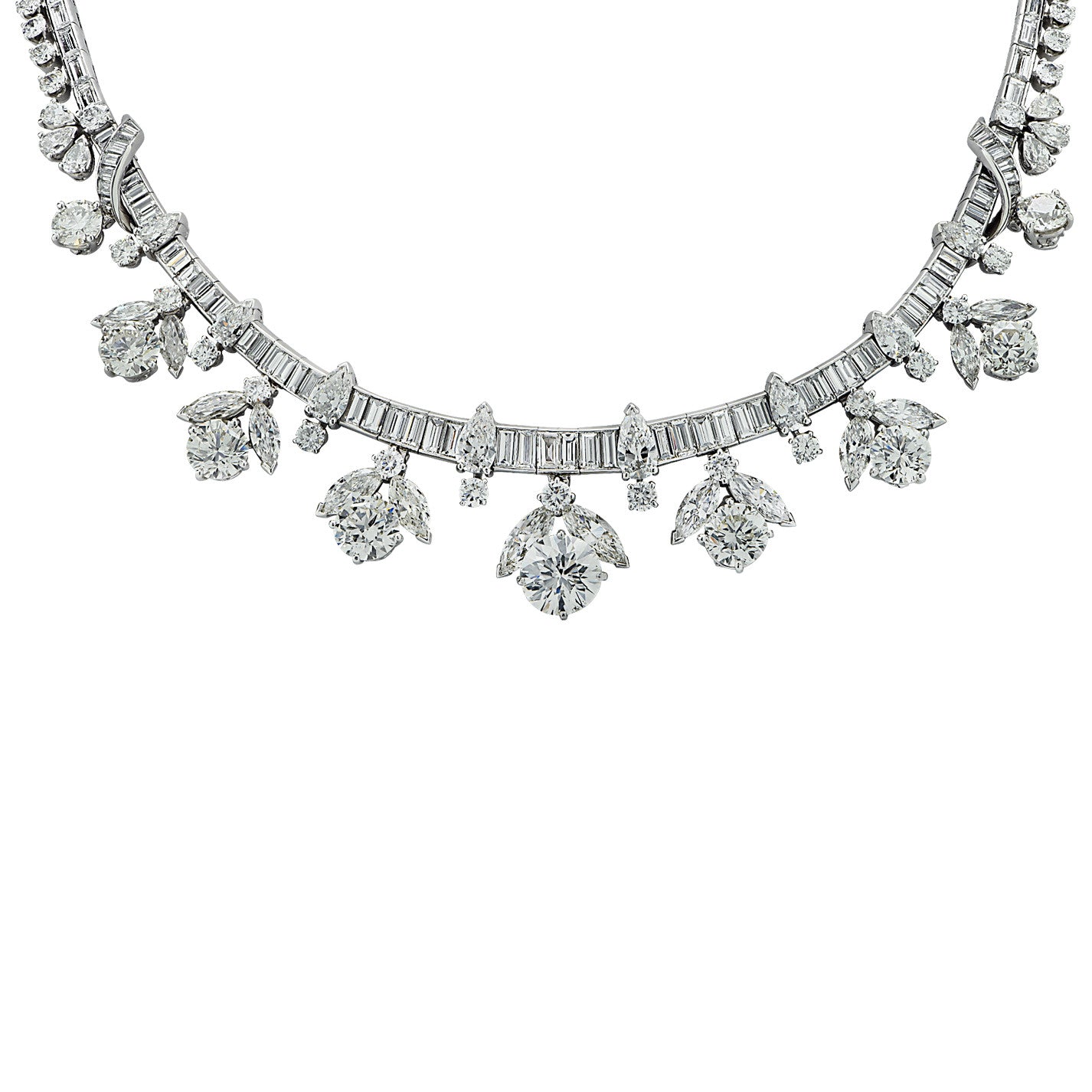 1960s Platinum Diamond Cluster Necklace close-up details
