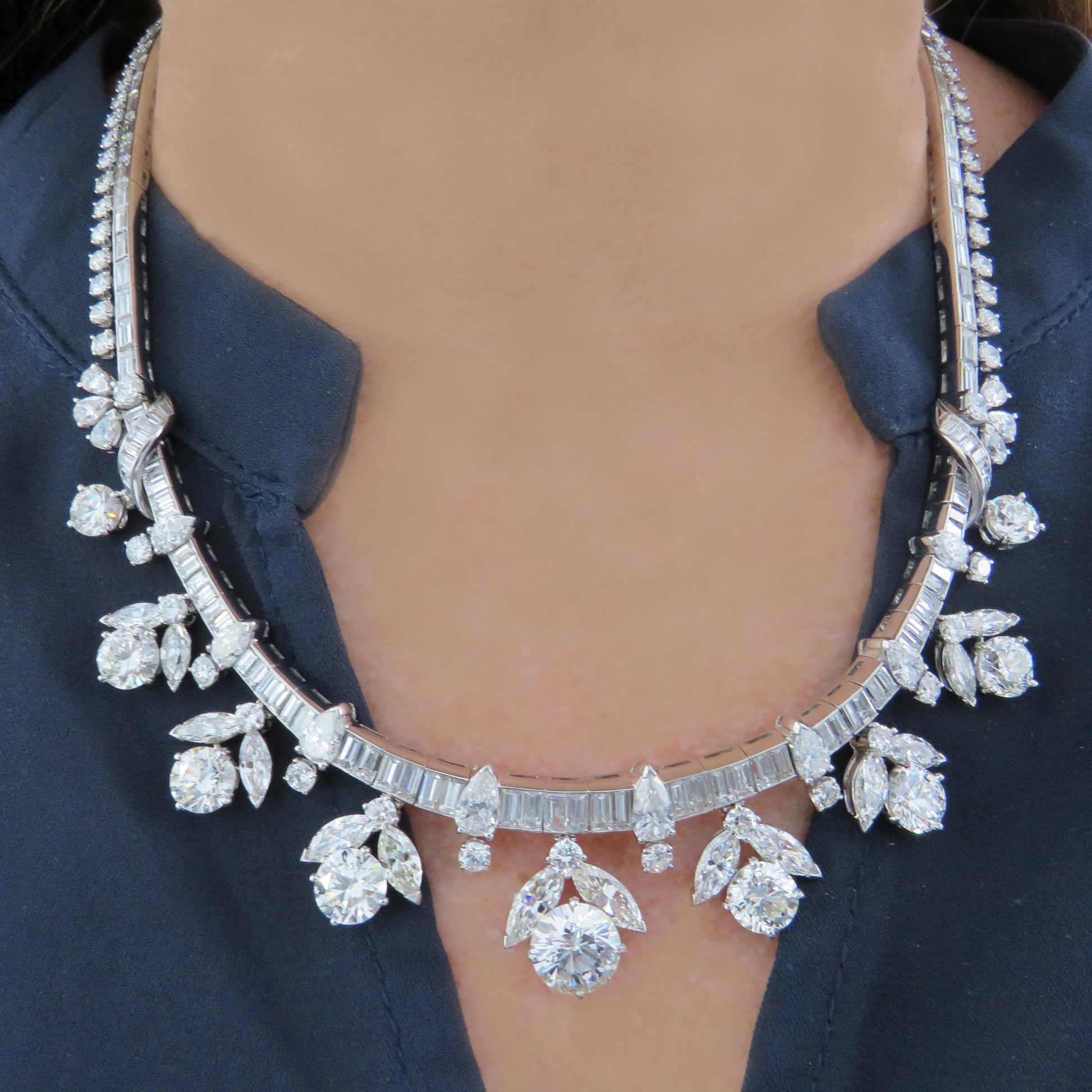 1960s Platinum Diamond Cluster Necklace worn on neck