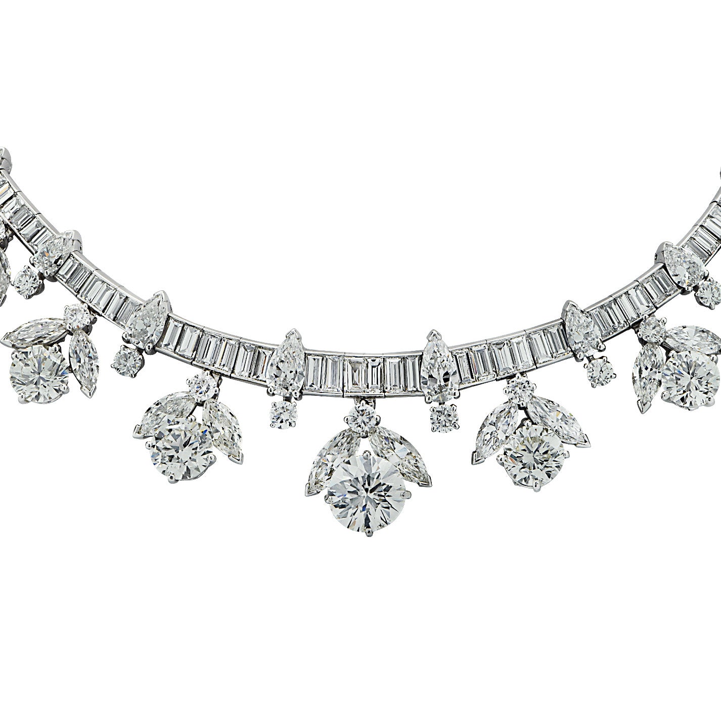 1960s Platinum Diamond Cluster Necklace close-up front details