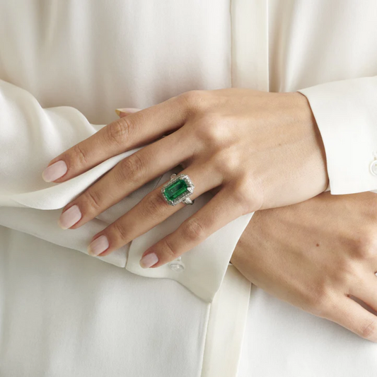 Art Deco Platinum Colombian Emerald & Diamond Ring worn on hand